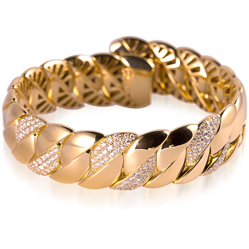 18k Yellow Gold Pave Station Link Flex Cuff Bracelet