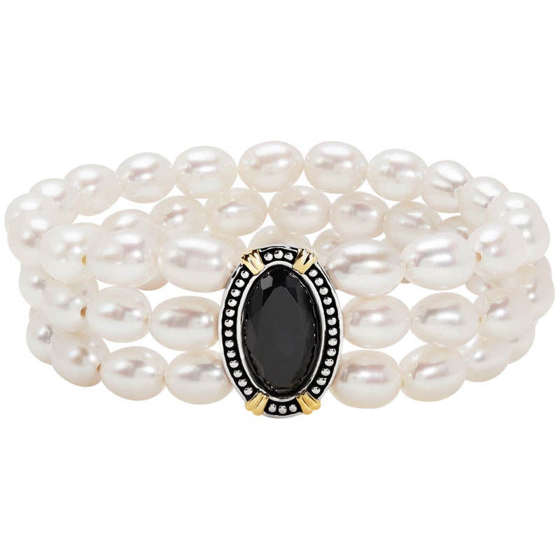 Three Row Fresh Water Pearl Bracelet with Oval Onyx