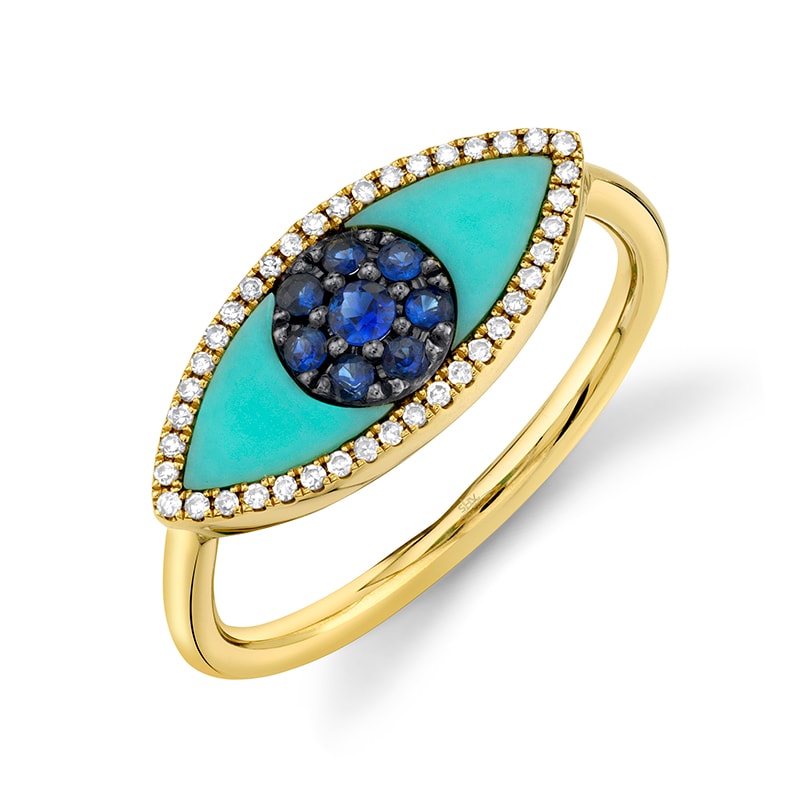 14k Yellow Gold Diamond and Sapphire Evil Eye Ring