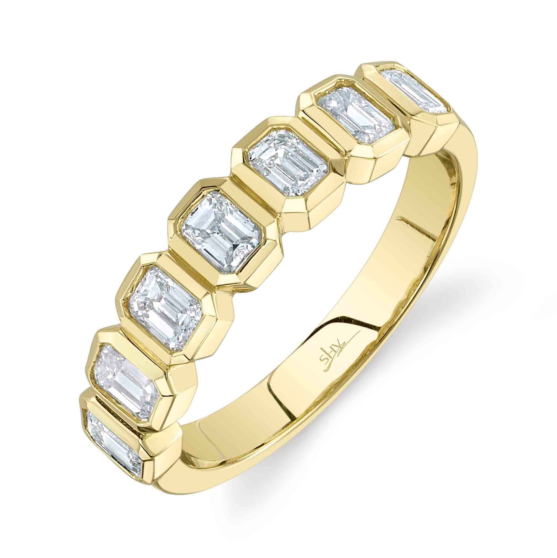 14k Yellow Gold Diamond Emerald Cut Bezel Ring
