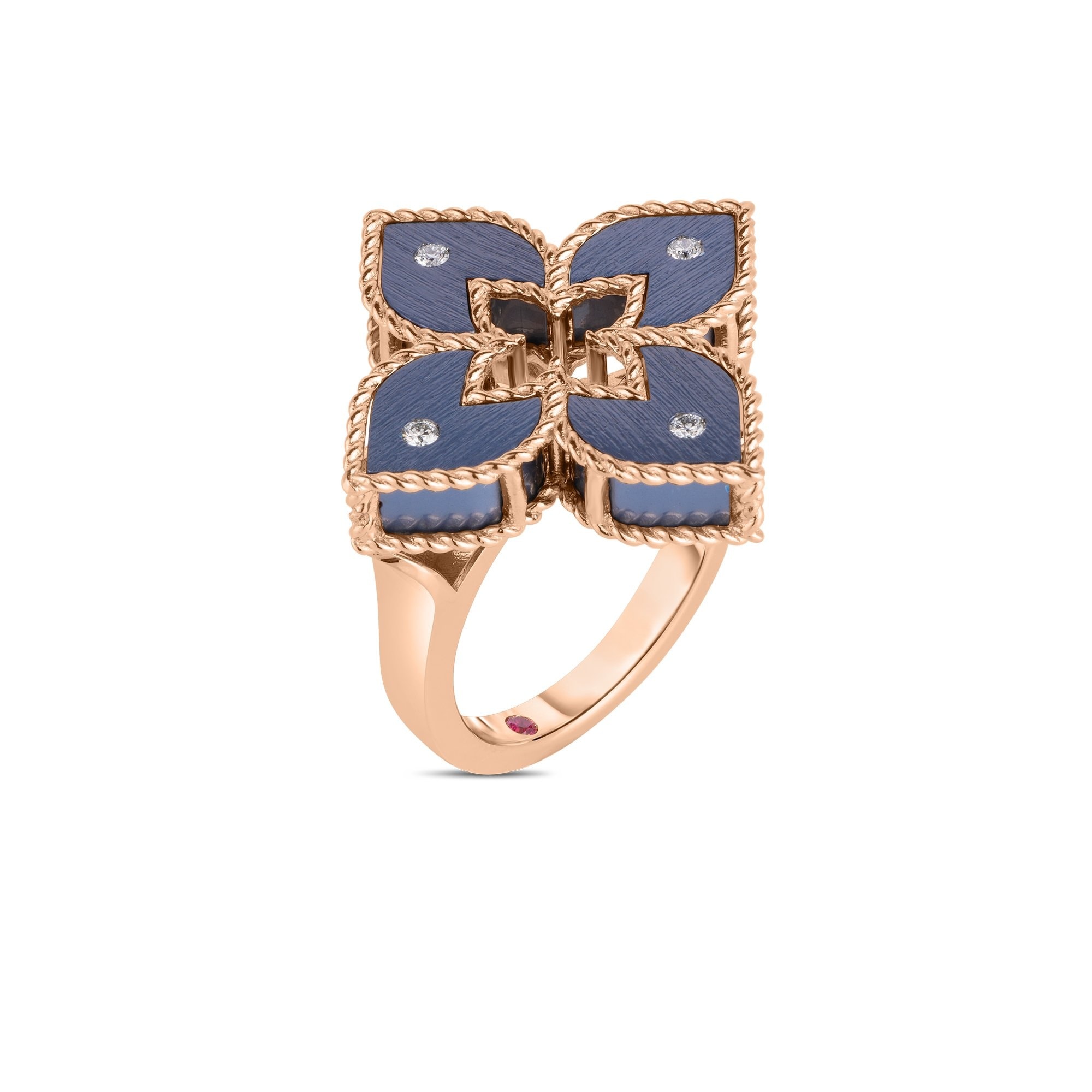 18K Rose Gold Venetian Princess Blue Titanium and Diamond Flower Ring