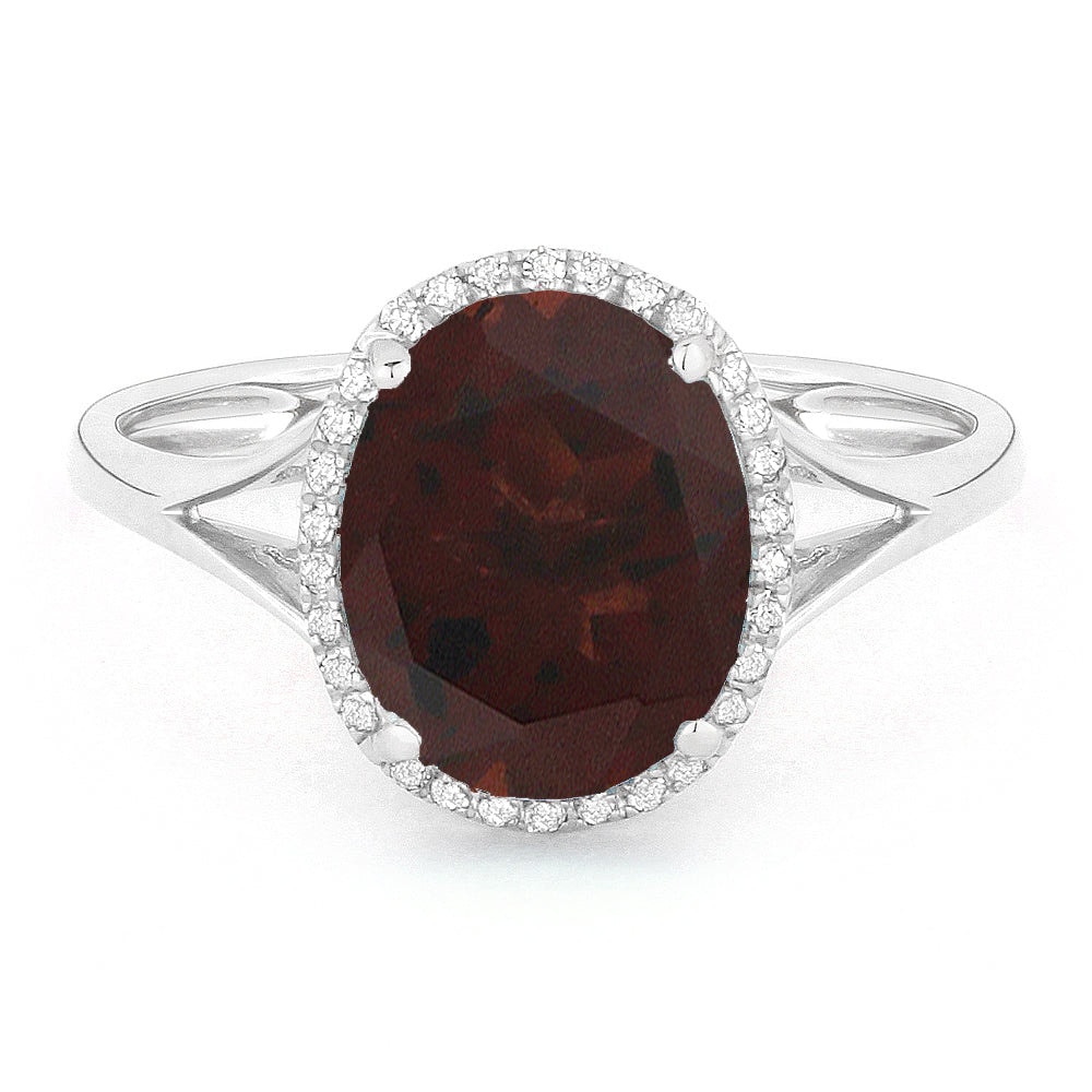 14K White Gold Oval Garnet Diamond Pavé Frame Ring
