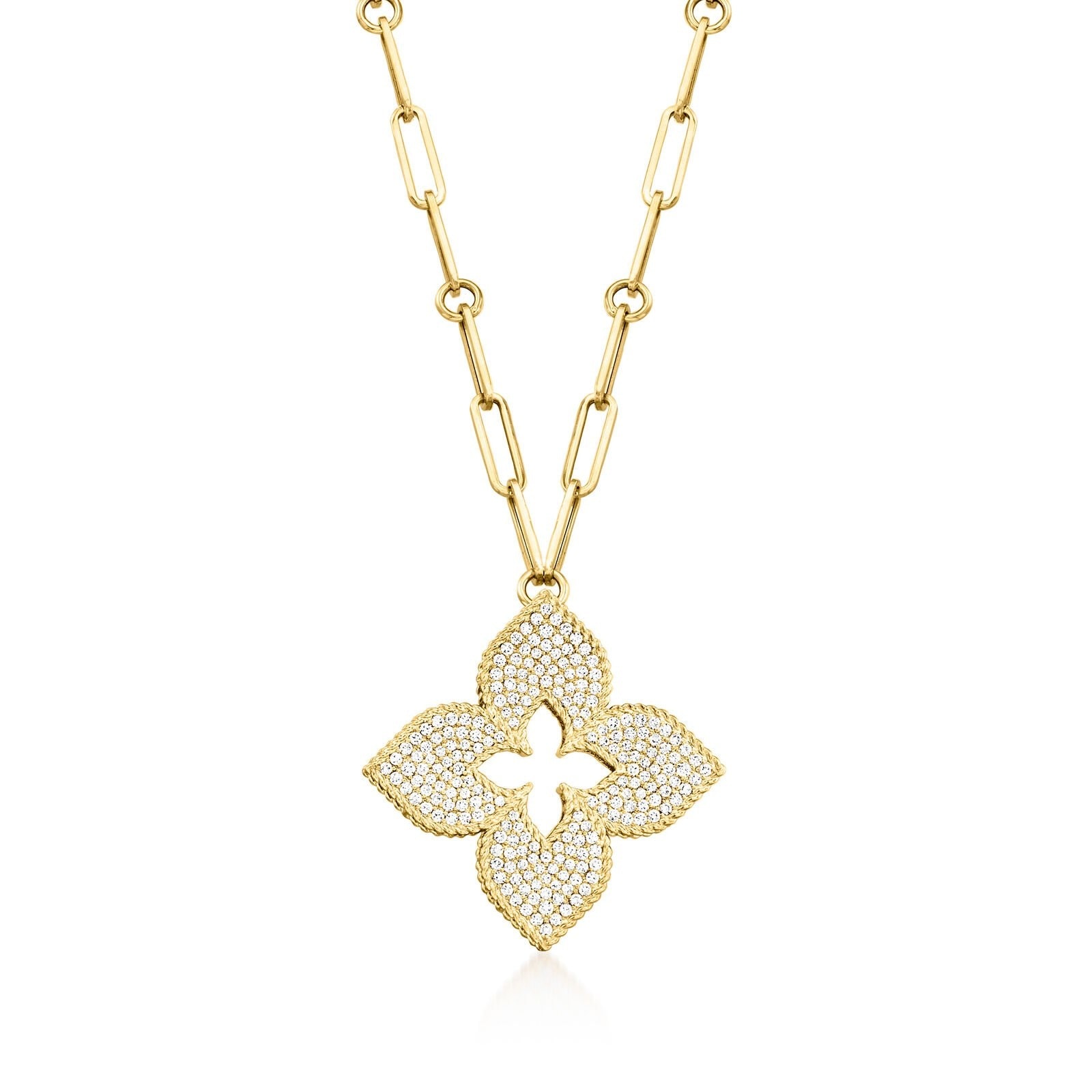 18K Yellow Gold Venetian Princess Diamond Flower Paper Clip Link Necklace