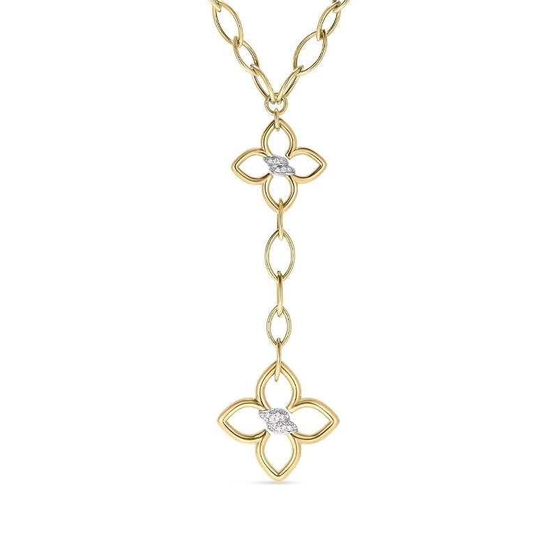 18K Two-Tone Gold Cialoma Double Diamond Flower Almond Link Dangle Necklace