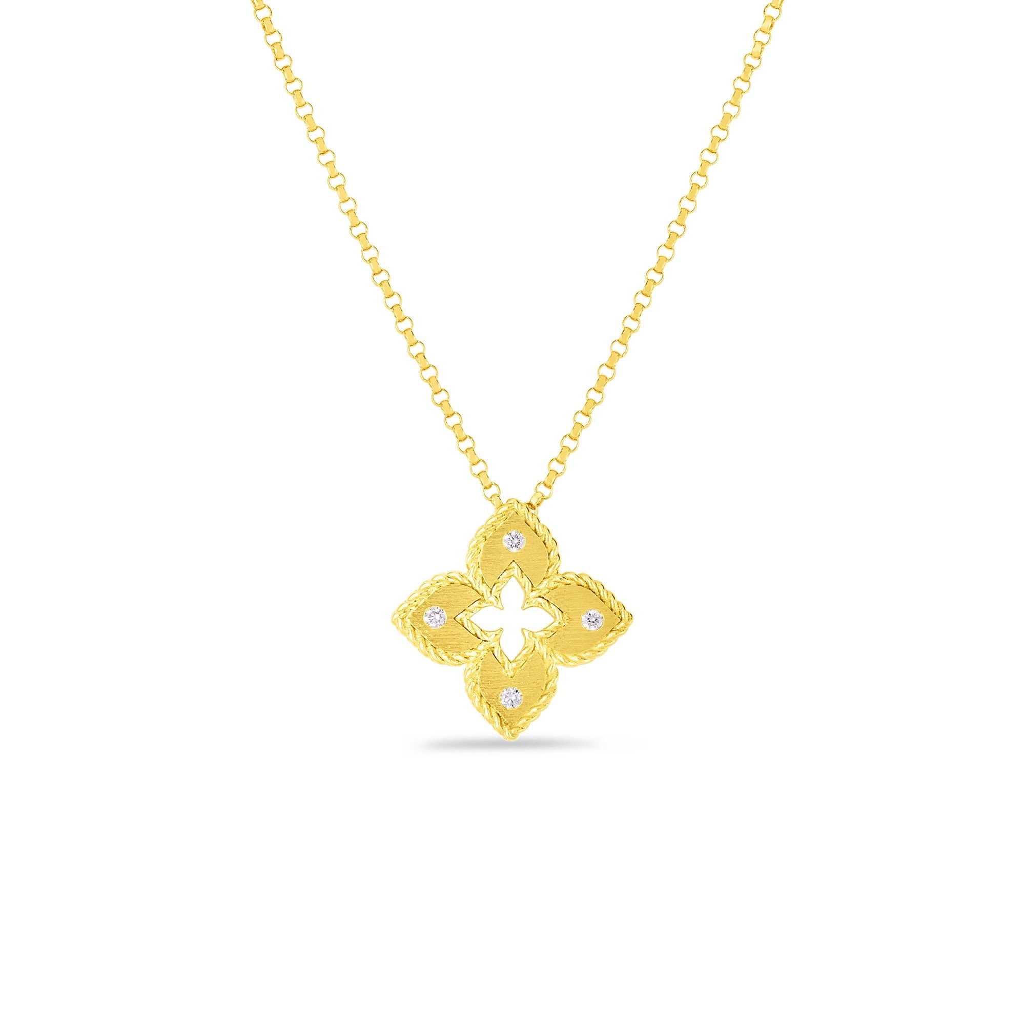 18K Yellow Gold Extra Small Satin & Diamond Accent Flower Necklace
