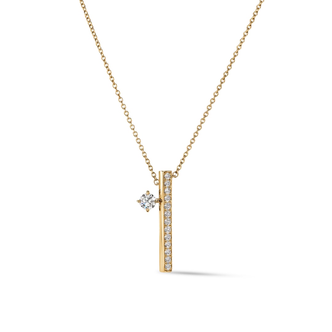 18k Yellow Gold Barre Floating Single Diamond Pavé Pendant Necklace
