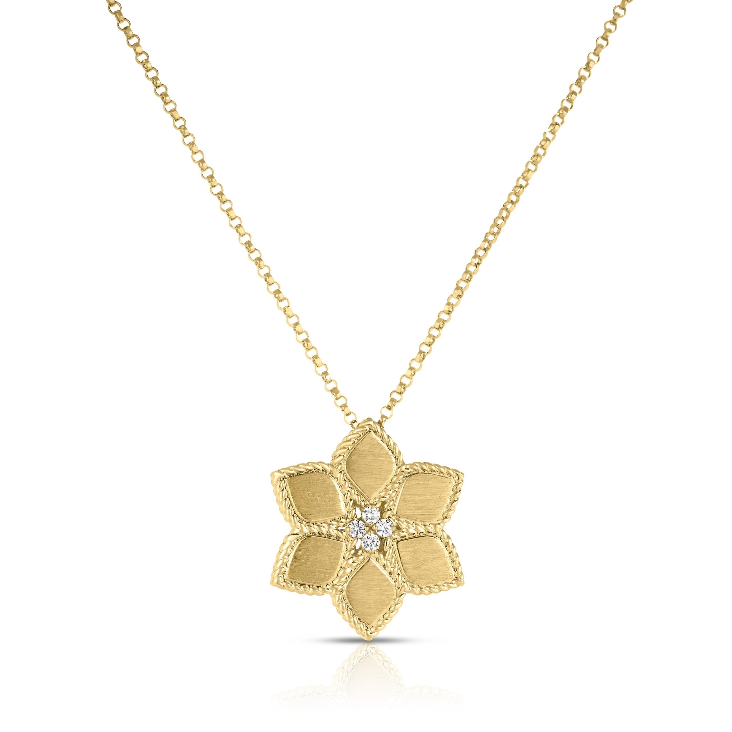 18K Yellow Gold Vernazza Diamond & Satin Finish Flower Necklace