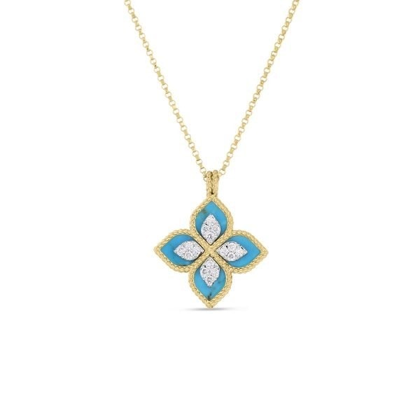 18k Two-Tone Gold Venetian Princess Diamond & Turquoise Flower Necklace