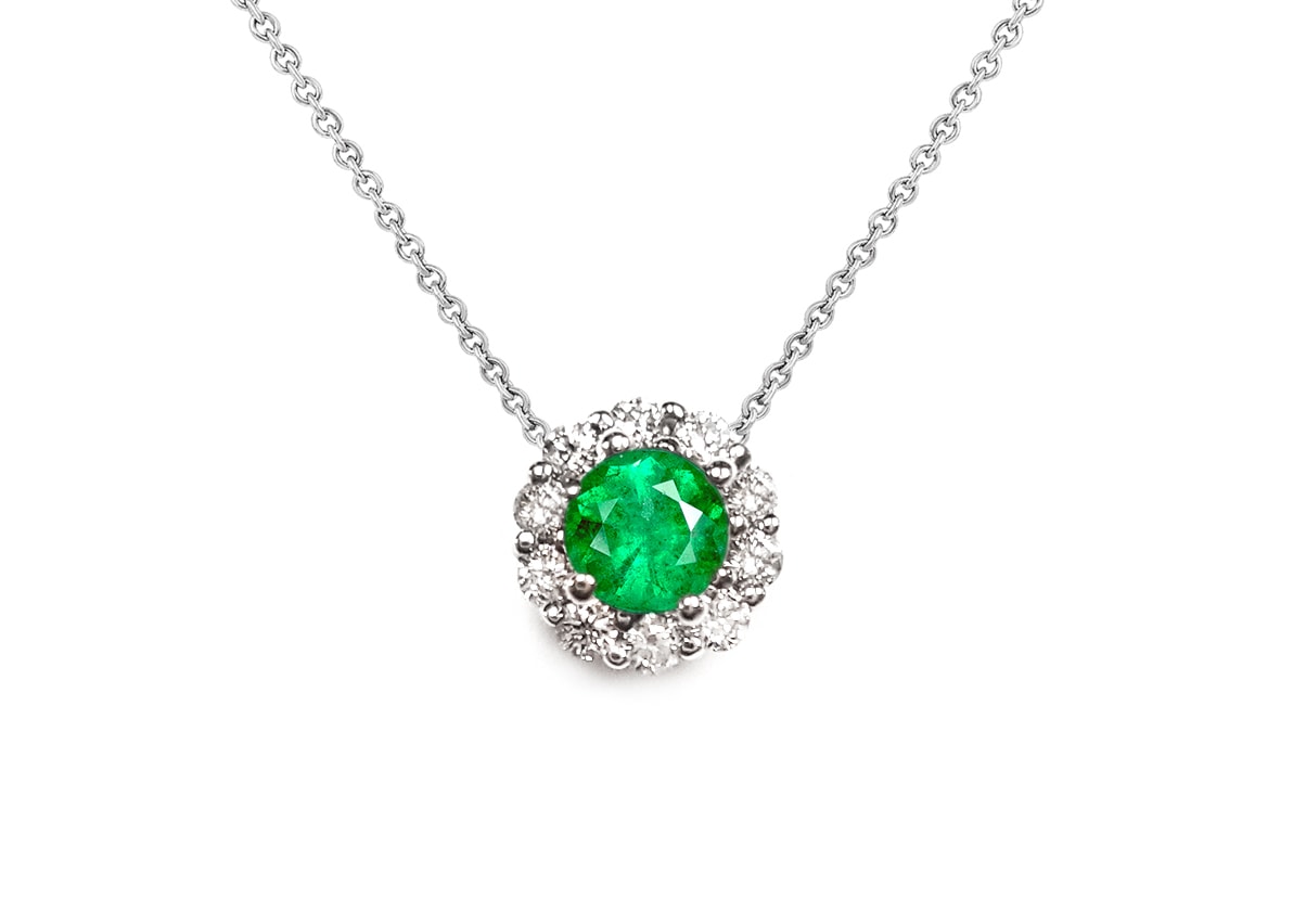 14K White Gold Emerald and Diamond Necklace