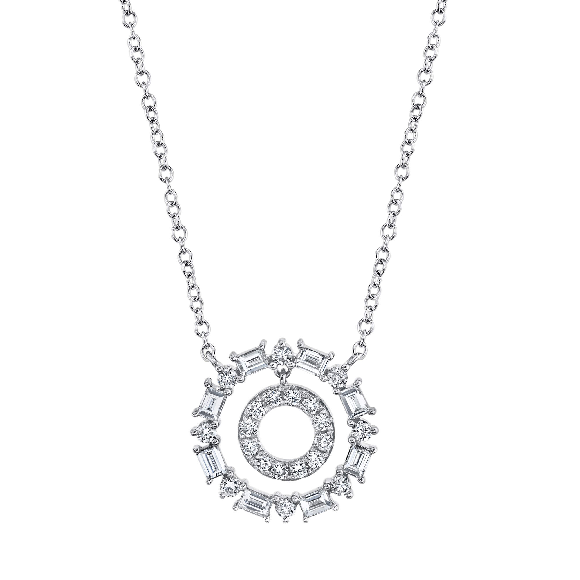 14k White Gold Small Double Circle Diamond Necklace