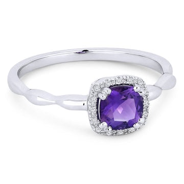 14k White Gold Cushion Amethyst Pave Diamond Frame Ring